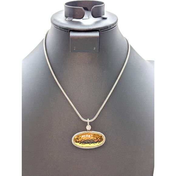 Premier Designs Two Tone Hammered  Pendant CZ Wheat Chain 16.5"-18"Necklace - Picture 1 of 6